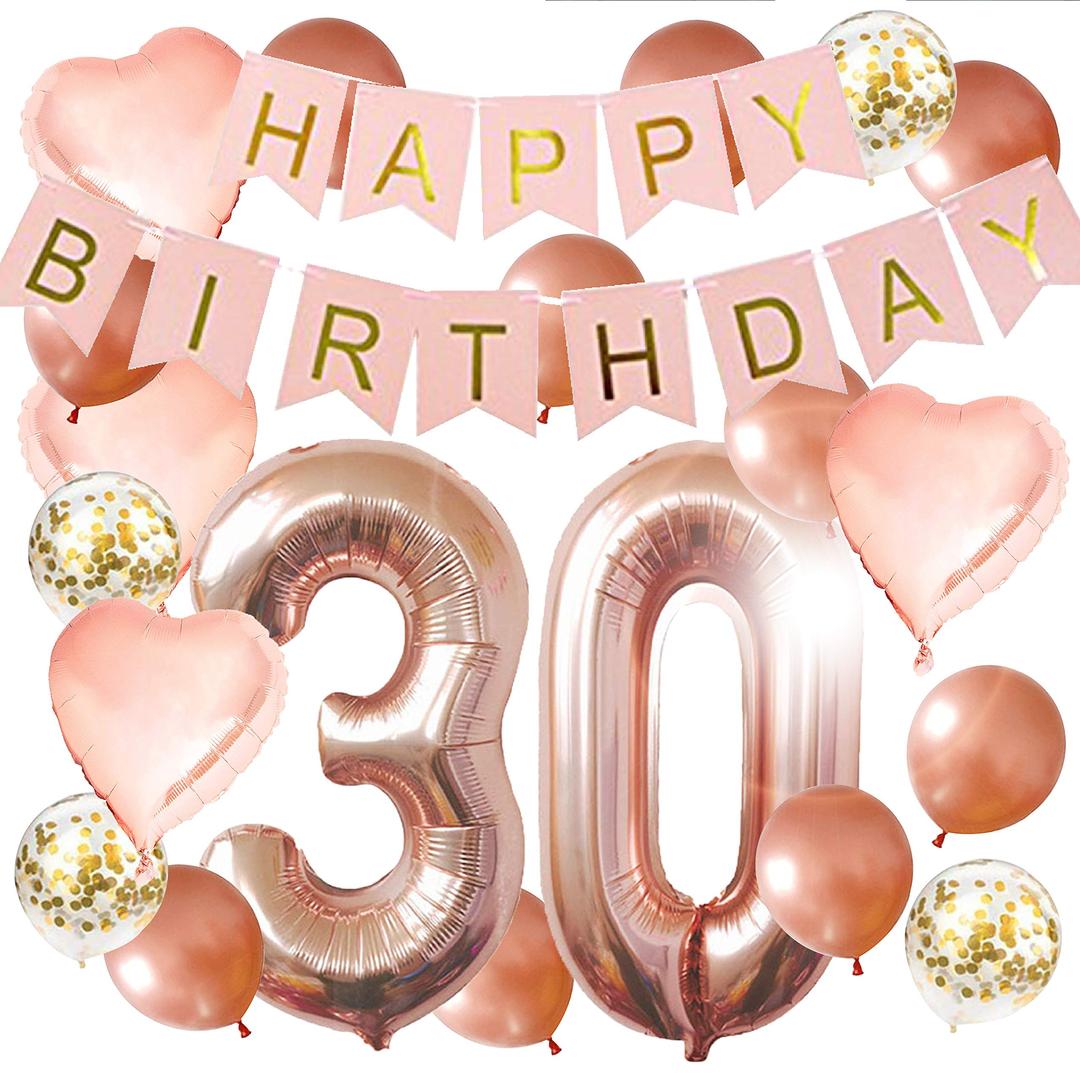 30th Birthday Decorations,Birthday Decorations: 40 Inch 30th Gold Balloons, Pink and Gold Happy Birthday Decorations for Women, Happy Birthday Banner, Confetti Balloons, Rose Gold Heart Balloons