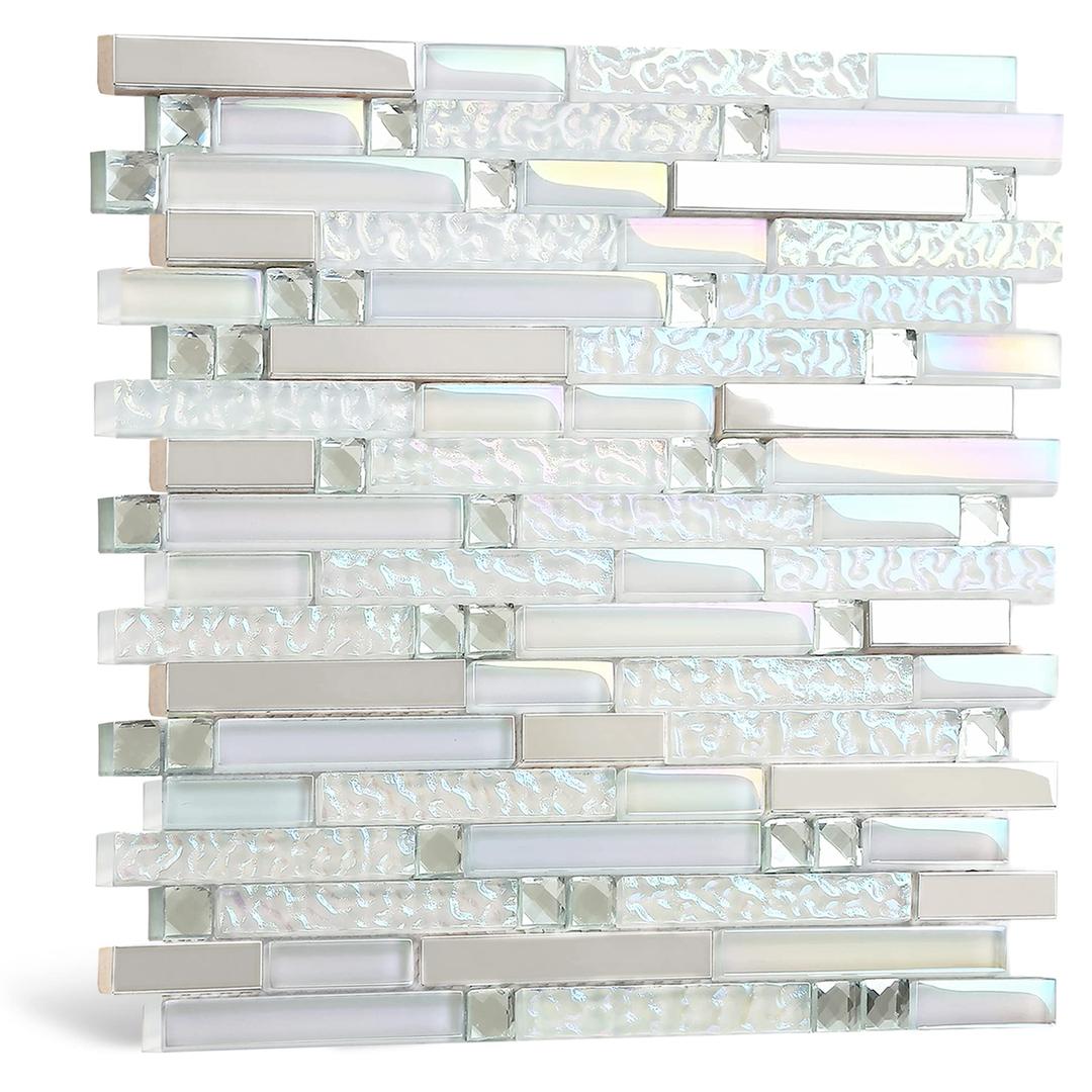 Blujellyfish Glass Metal Tile Iridescent White Glass Silver Mirror Stainless Steel Blends Interlocking Strip Wall Tiles TSTNB01 (Pack of 5 Sheets)