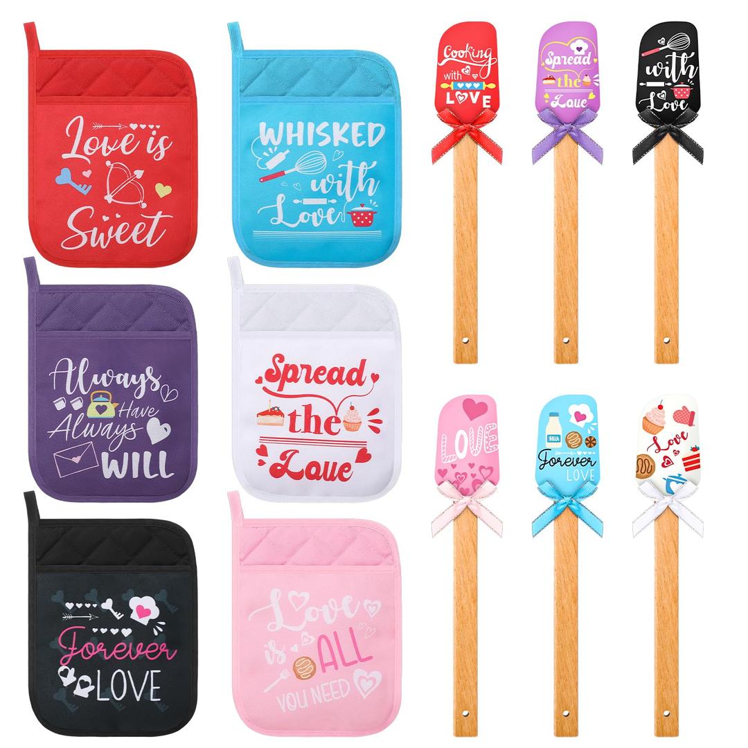 Zhehao 12 Pcs Bridal Shower Silicone Spatulas Pot Holders Set Heat Resistant Pot Holders with Pocket Baking Gifts for Games Prize Wedding Baby Shower Party Supplies(Wedding Style, 12 Pcs)