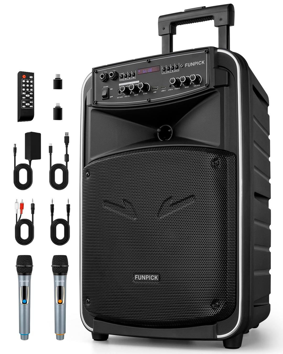 Portable PA Speaker System with Wireless Microphone, 12 inch woofer Bluetooth Rechargeable Karaoke Machine for Meetings, Outdoors, Classroom, FM/LINE in/TWS (12 INCH)