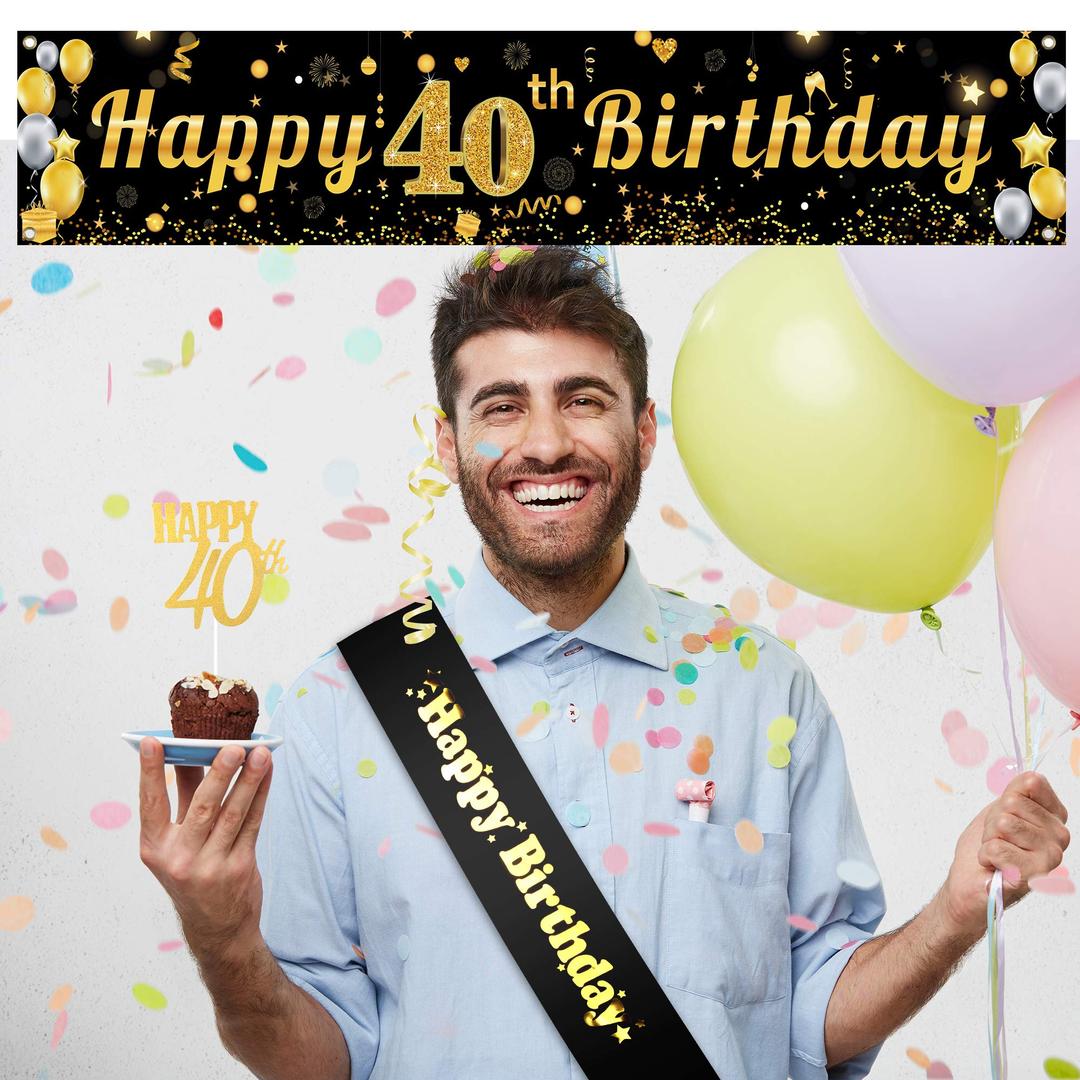 40th Birthday Decorations for Men Women Happy Birthday Backdrop Banner with 40th Birthday Cake Topper & Happy Birthday Sash for Birthday Decorations Birthday Party Favors Birthday Decor