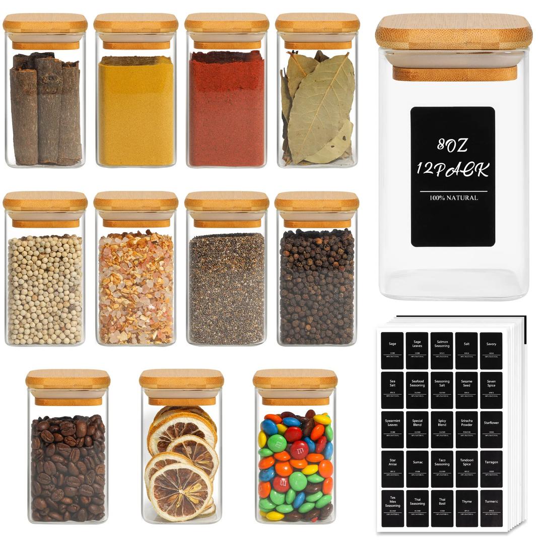 ComSaf 12Pcs Glass Spice Jars with Bamboo Lid, 8oz Airtight Square Containers with 275 Black Lables, Empty Seasoning Jars for Spice Salt Sugar