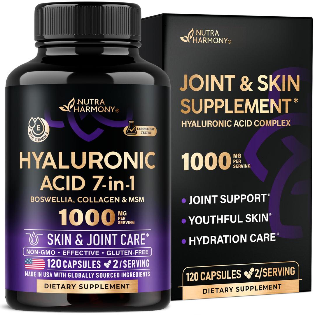 Hyaluronic Acid Supplements 1000 mg - Skin & Joint Hydration, Joint Discomfort Relief - 7-in-1 with Collagen, MSM, Boswellia & Vitamins - Hyaluronic Acid Capsules, Pills - Made in USA - 120 Capsules