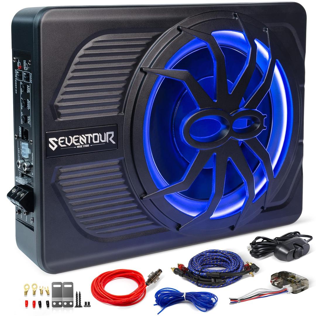 10" 800W Slim Under Seat Powered Car Subwoofer, Car/Truck Audio Sub Built in Amplifier, New Upgrade with Blue LED Ambient Light