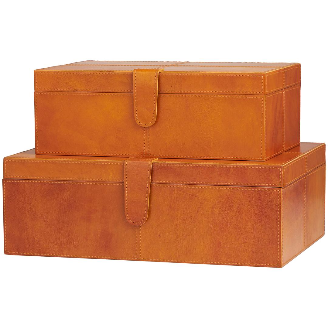 Deco 79 Leather Storage Box with Snap Front Closure and Detailed Stitching, Set of 2 17", 14" W, Brown