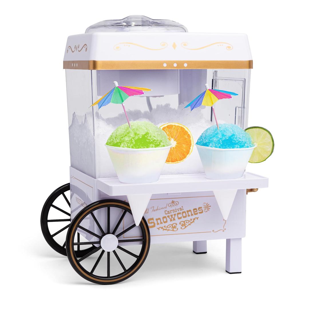 Nostalgia Snow Cone Shaved Ice Machine - Retro Table-Top Slushie Machine Makes 20 Icy Treats - Includes 2 Reusable Plastic Cups & Ice Scoop - White