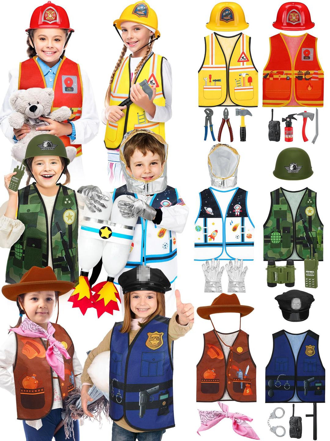 Hungdao6 Sets Kids Boys Girls Dressing up Costumes, Toddler Dressing up and Pretend Play for Age 6-10 Dress up Firefighter, Construction Worker, Explorer, Astronaut, Cowboy, Policeman