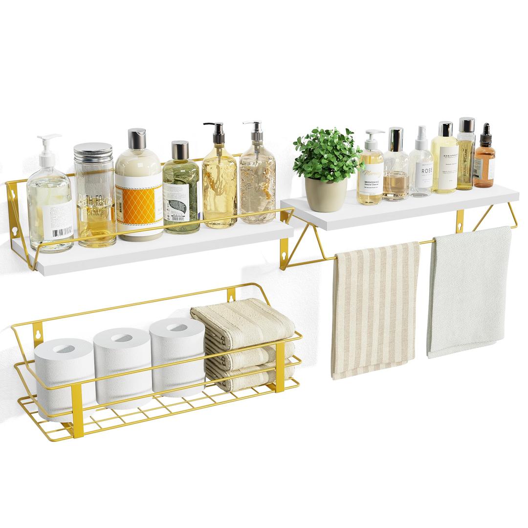 Love-KANKEI Floating Shelves Wall Mounted, Bathroom Shelves Over Toilet with Towel Bar,Wall Shelves with Storage Wire Basket, Wood Shelves for Bedroom Kitchen Living Room Books, Set of 3, White &Gold