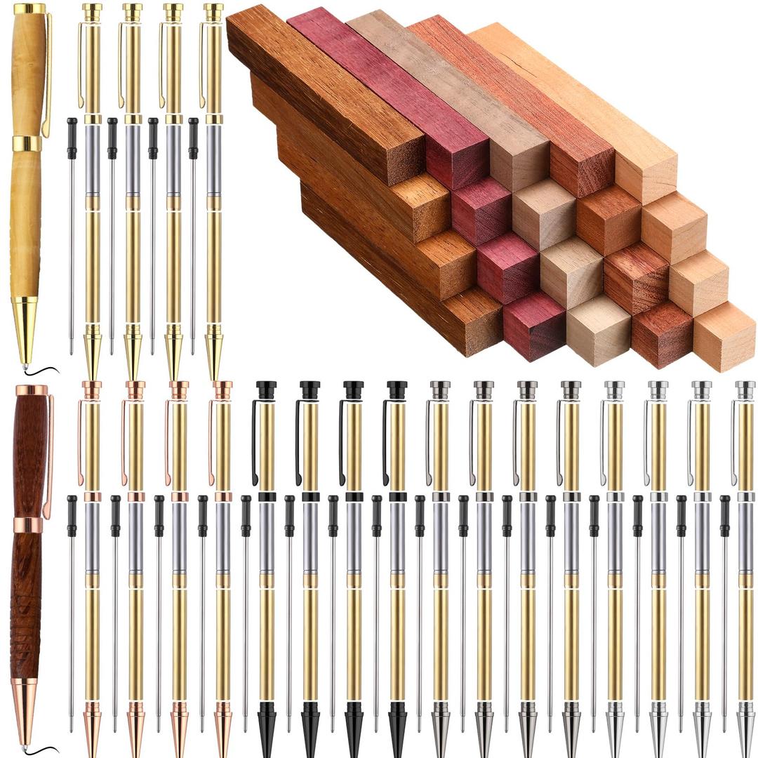 Colarr 15 Sets Woodturning Pen Kits Project Supplies Including 7mm Slimline Pen Kits with Refill and Pen Blanks Lumber for Lathe Turning Starter Package DIY Crafts