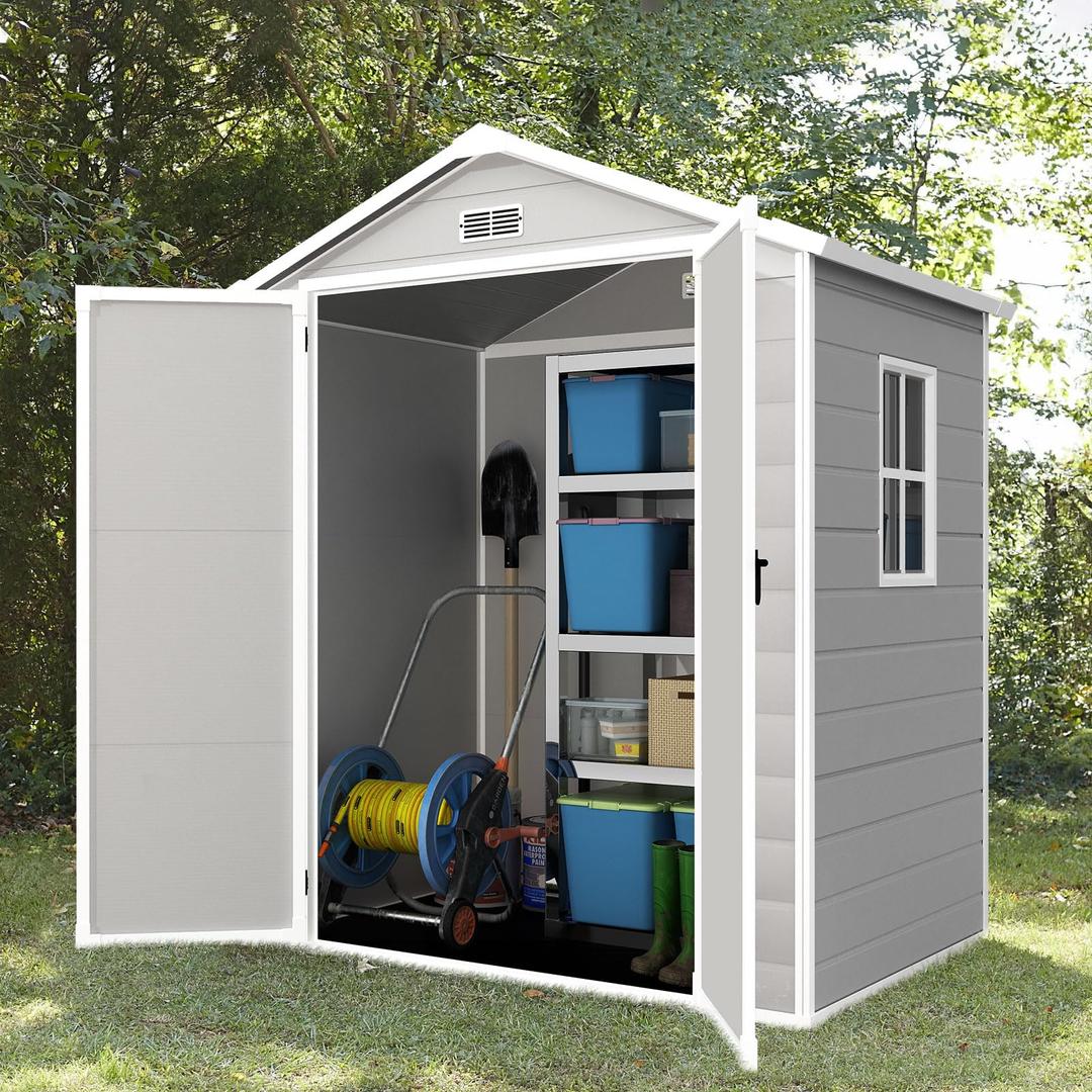 Outdoor Storage Shed 6x4.4FT, Resin Shed with Floor,Plastic Shed with Floor for Garden Tool,Waterproof Outdoor Resin Shed,Lockable Doors for Patio,Yard,Lawn (LightGray 6x4)