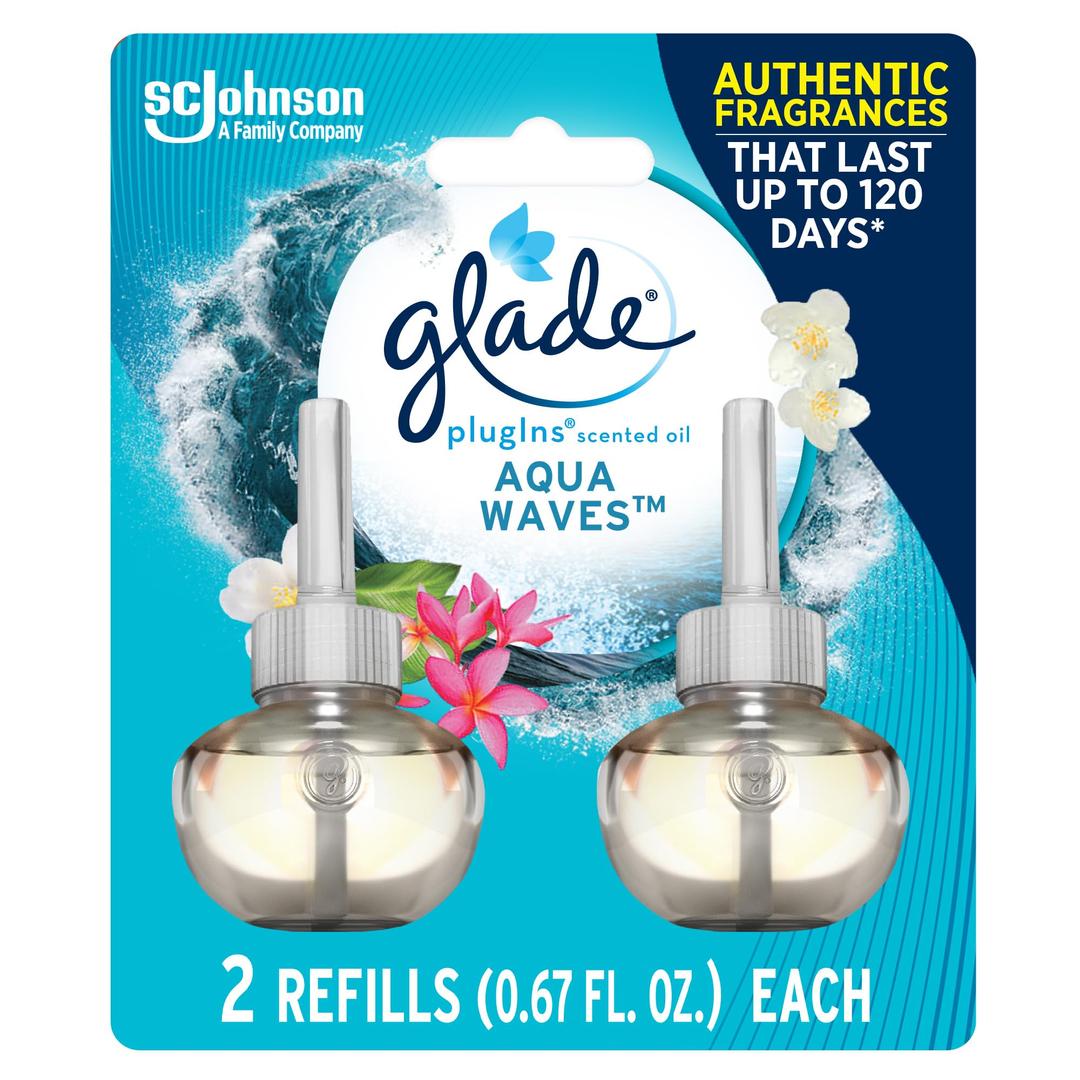 GladePlugIns Refills Air Freshener, Scented and Essential Oils for Home and Bathroom, Aqua Waves, 1.34 Fl Oz, 2 Count