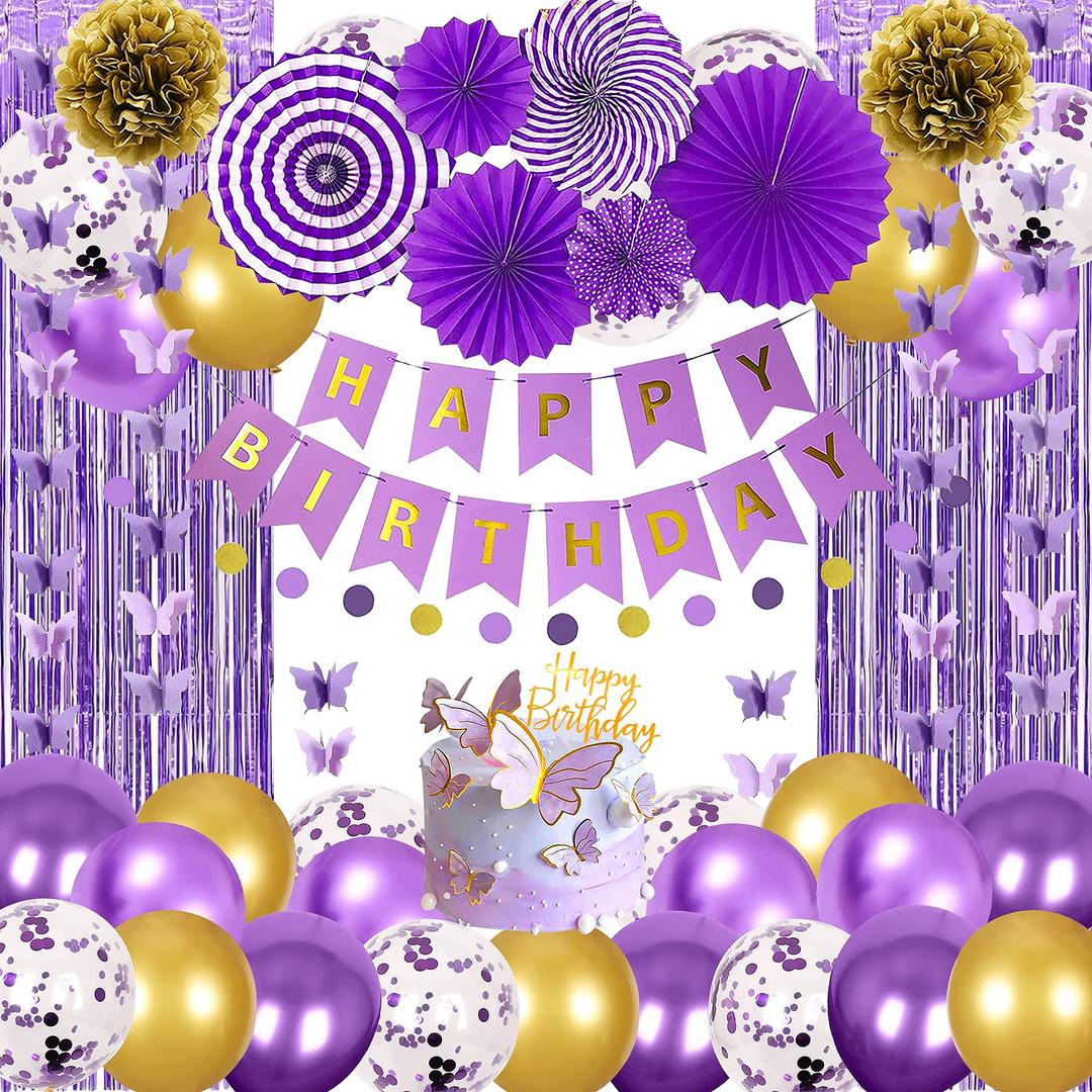 Purple Birthday Party Decorations for Women Girls with Butterfly Hanging Garland,Happy Birthday Banner,Curtains,Circle Dots Garland,Hanging Paper Fans,Butterfly Cake Topper Birthday for Her