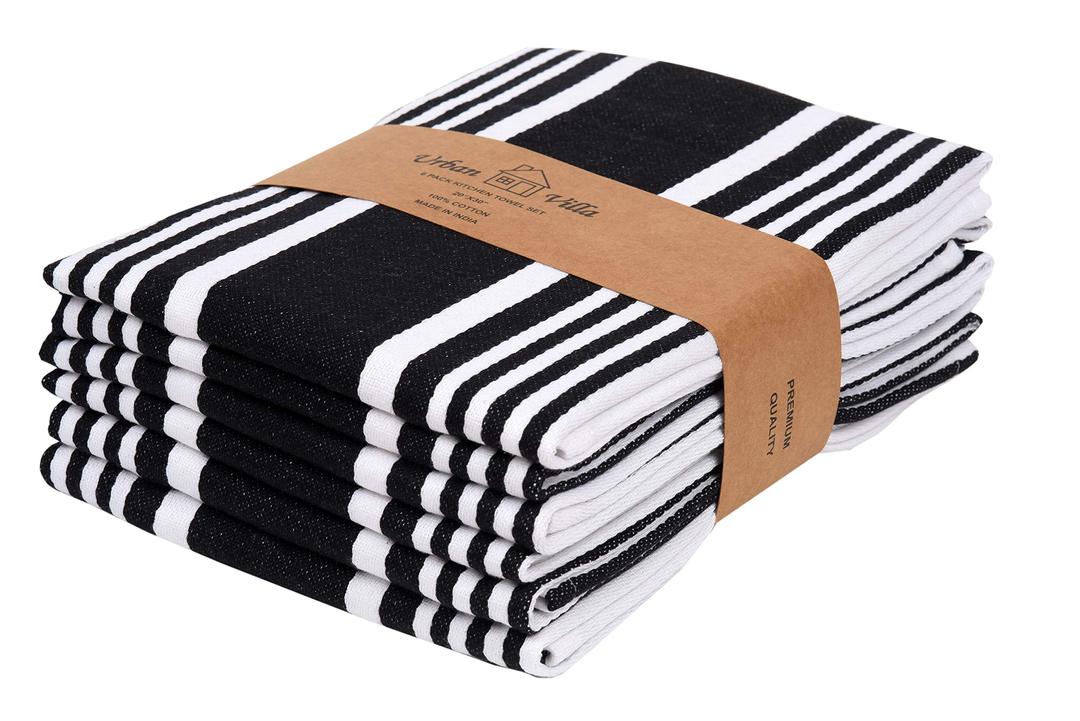 Urban Villa Kitchen Towels (20x30 Inches 6 Pack) Extra Large Premium Dish Towels for Kitchen Black & White Dish Cloths Highly Absorbent 100% Cotton Kitchen Hand Towels with Hanging Loop Tea Towels