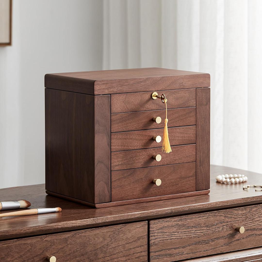 Black Walnut Wooden Jewelry Box, 5-Layer Solid Wood Jewelry Organizer with 2 Side Doors Mirror Lockable Classical Style for Watch Necklace Ring Earring Christmas Gifts