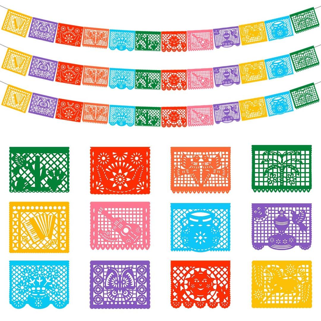 3 Packs Mexican Banners, 66 Ft(22ft x 3) Papel Picado Banner, Large Plastic Mexican Fiesta Banners Cinco de Mayo Party Fiesta Decorations Mexican Themed Birthday Party Supplies 12 Patterns with String