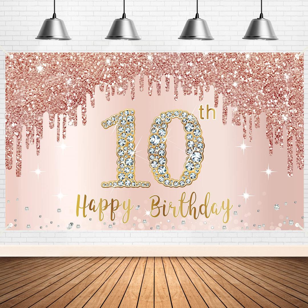 Sweet 10th Birthday Banner Backdrop Decorations for Girls, Rose Gold 10 Birthday Party Sign Supplies, Pink 10 Years Old Birthday Poster Background Photo Booth Props Decor…