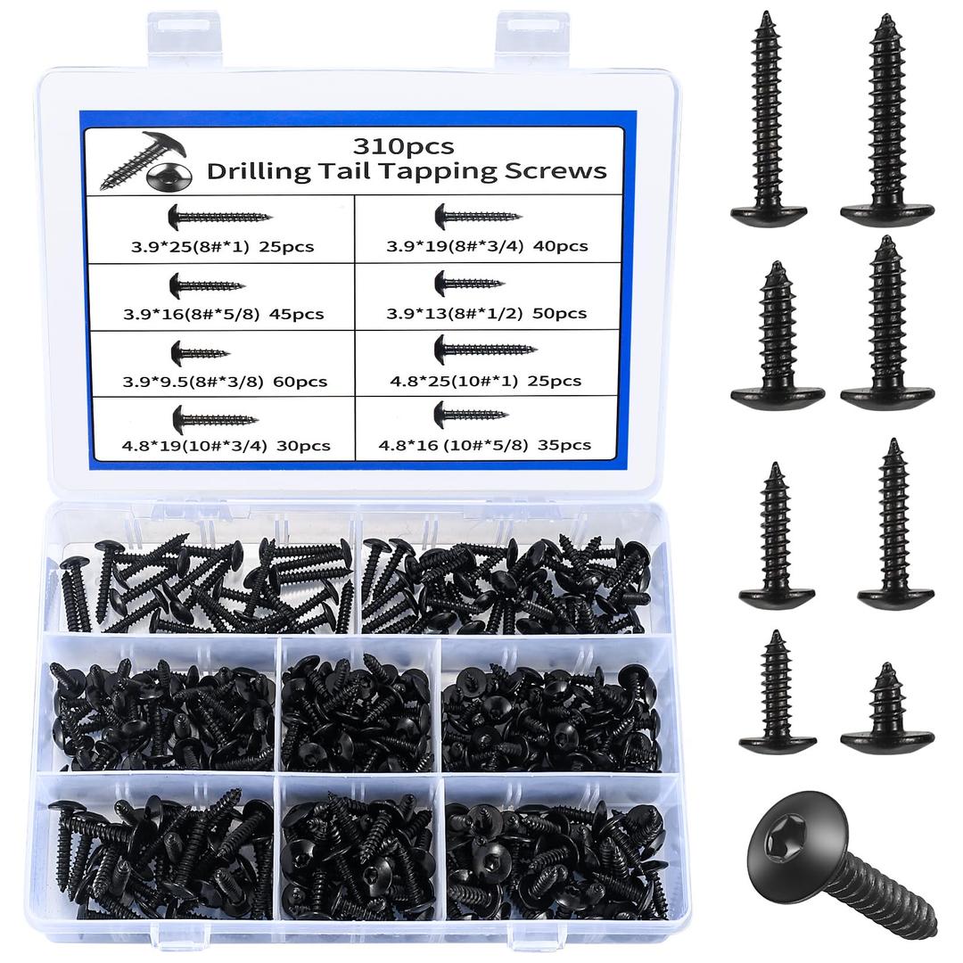 Truss Head Screws with Star Drive, 310 Pcs #10#8 Round Washer Head Wood Screw Assortment Kit, Self Tapping Cabine Furniture Wood Star Drive Screws (Black)