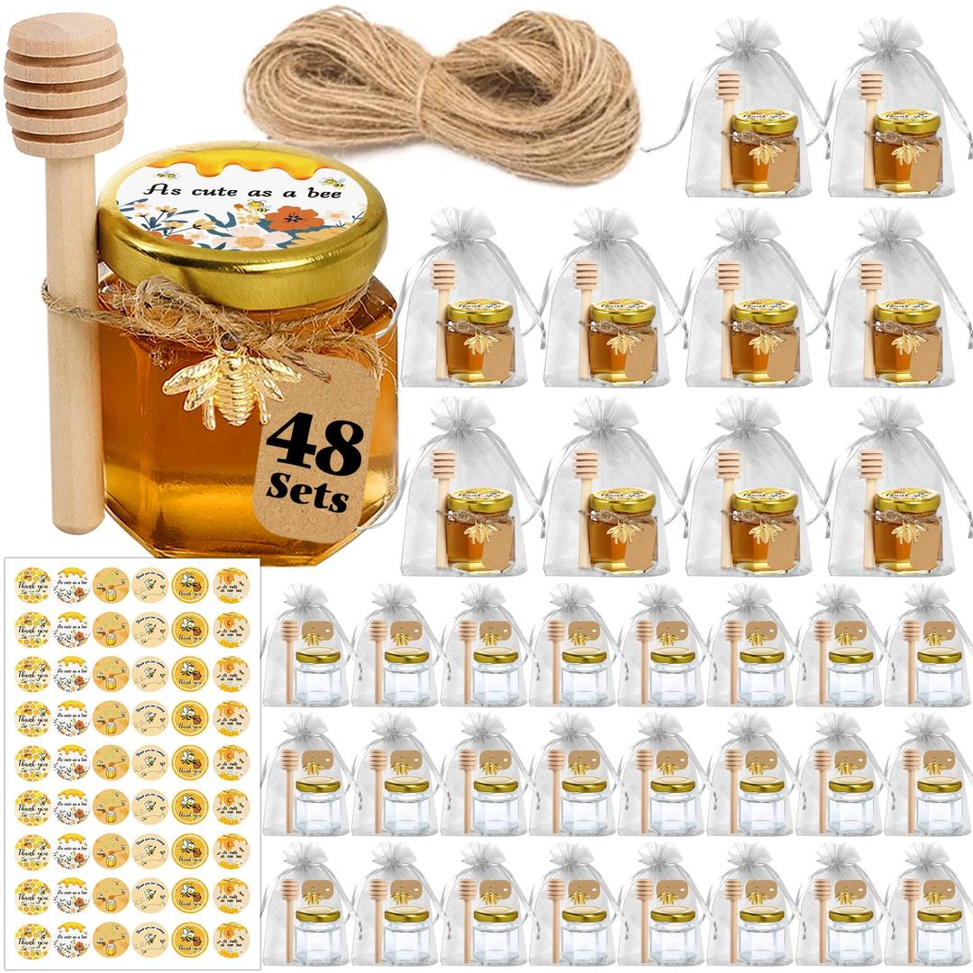 Honey Jars,48 Pack Mini Honey Jars Party Favors in Bulk,1.5oz Small Hexagon Glass Honey Jars with Dipper,Stickers,Gold Lid,Charm,Gift Bags and Jute,for Baby Shower,Wedding Favors(No Honey)