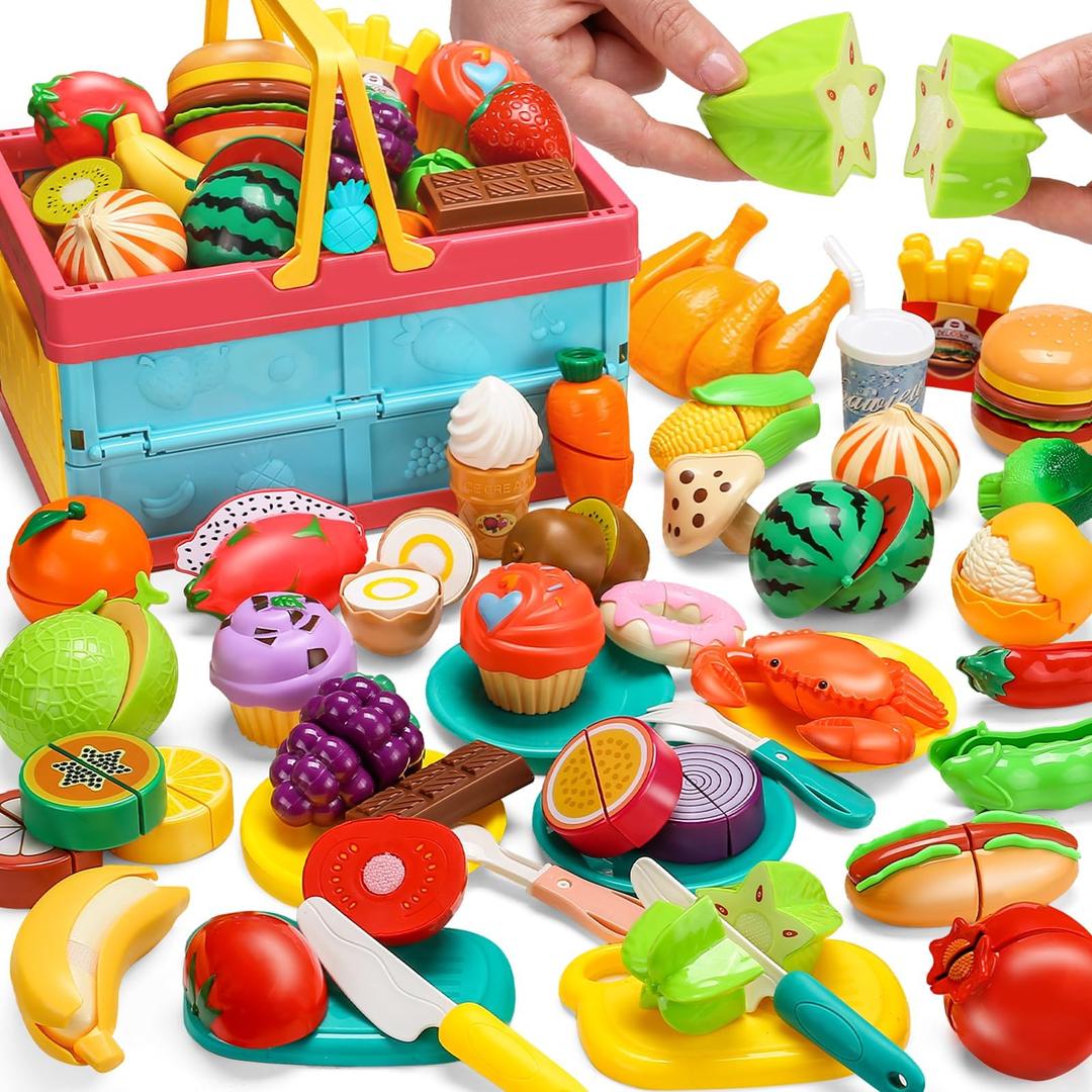 100 PCS Cutting Play Food Set for Kid Kitchen, Storage Basket with Vegetable & Fruit Toy for Toddler Boy Girl, Fake Food Accessories Toys for Birthday, Pretend Cooking Playset for Child