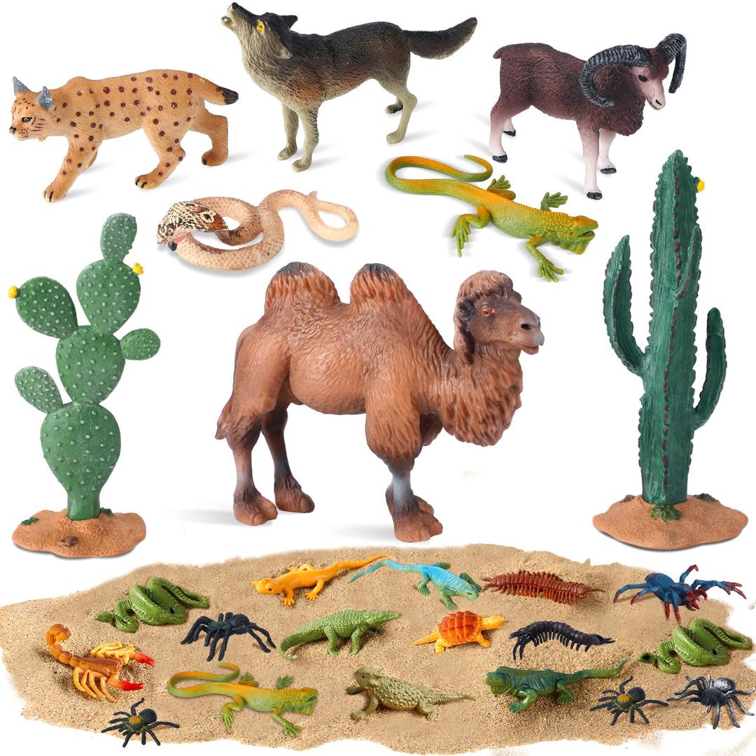 25 Pcs Desert Animals Figurines Set Model Trees Kit Desert Diorama Supplies Animals Figures with Tree and Cactuses Figurines Resin Insects for Kids Birthday Party Favors School Projects