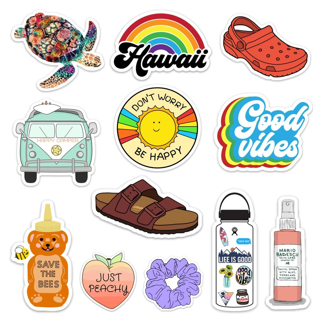 Lulu London - Cute Adventure VSCO Girl Stickers for Hydro Flask, Water Bottles, Laptops - 12 Pack Aesthetic Vinyl Waterproof Stickers- Made in The USA (Series 1)