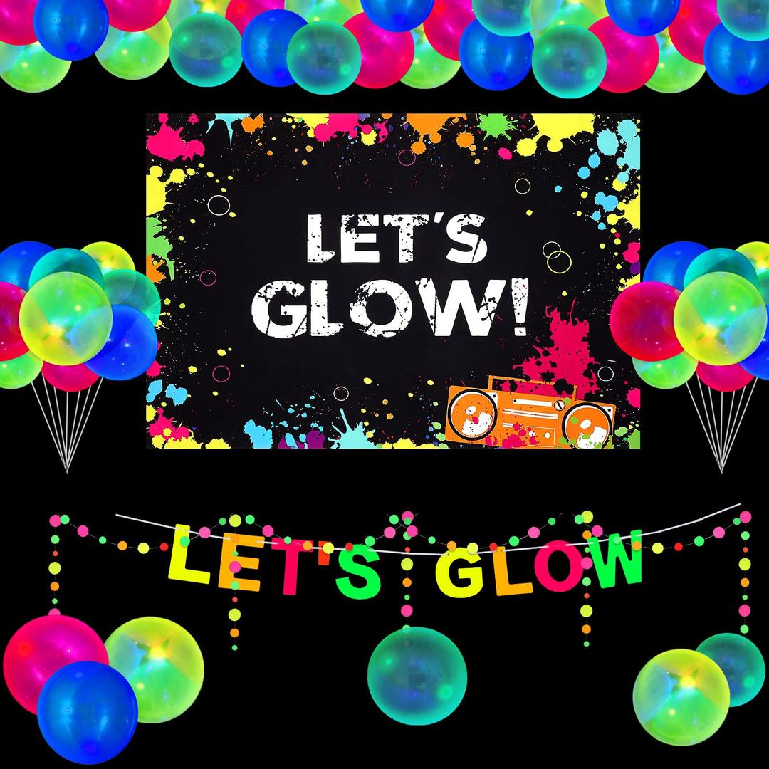 43 Pcs Neon Glow Party Decorations Let's Glow Backdrop Banner Glow in The Dark Party Supplies Neon Paper Garland Circle Dots Hanging Streamers Glow Party Balloons for Kids Birthday Blacklight Party