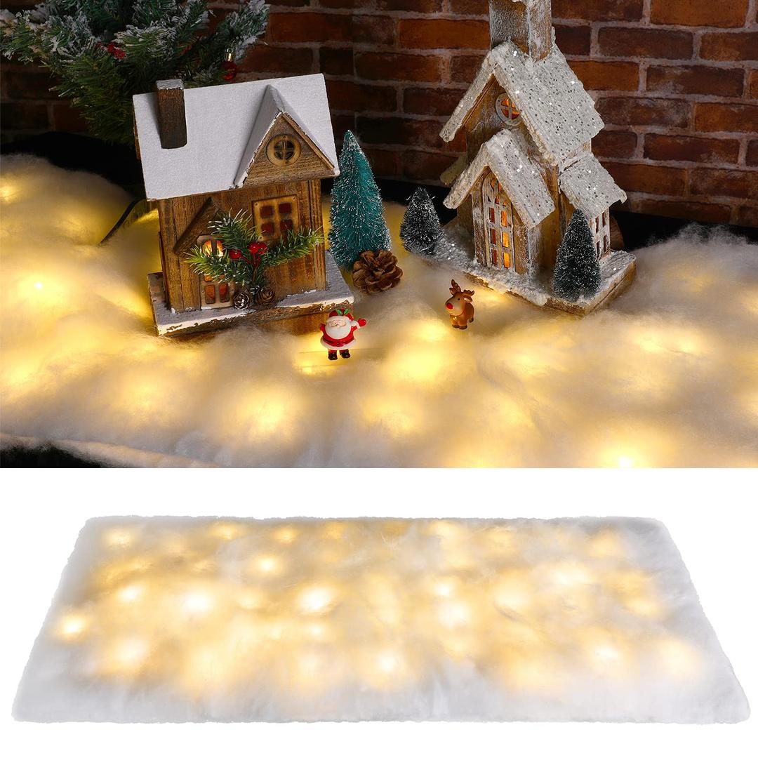 Christmas Snow Blanket with LED Lights Christmas Table Blanket Snow Table Runner White Non Woven Fake Snow Blanket Xmas Artificial Snow Table Blanket for Christmas Village(5 Pieces,17.7 Inch x 6 Feet)