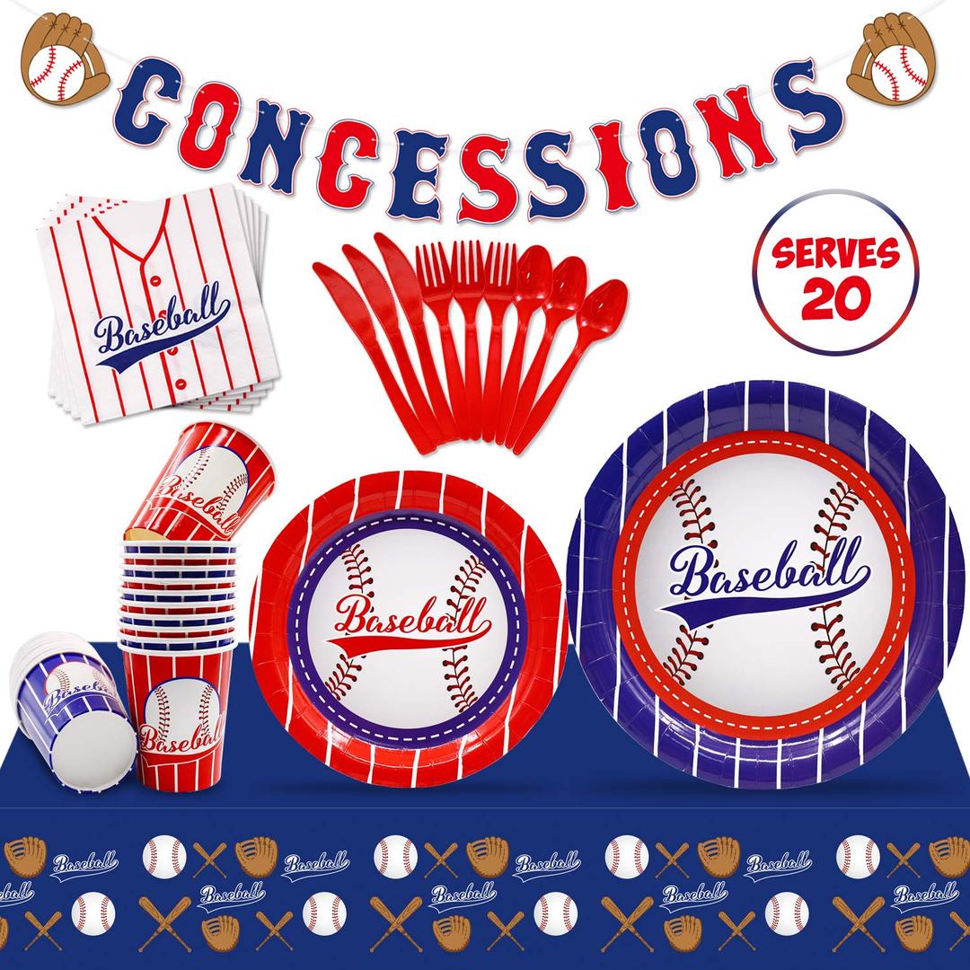 Baseball Party Supplies Baseball Party Tableware Kit 162 Pcs Concessions Banner Tablecloth Plates Cups Napkins for Sports Theme Birthday Party Decorations Serves 20 Guests