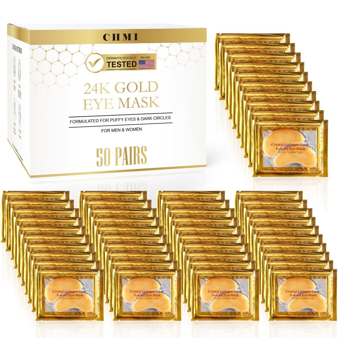 CHMI Under Eye Patches (50 Pairs) - 24K Gold Eye Patches for Puffy Eyes, Dark Circles, Eye Bags and Wrinkles, Collagen Skin Care Products, Beauty & Personal Care