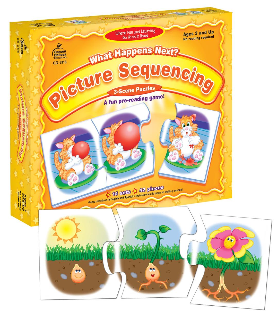 Carson Dellosa What Happens Next? Pre-Reading Puzzle Game Set, Colorful 3-Scene Picture Sequencing Phonics Game With 14 3-Scene Puzzles, Ages 4+ (42 pc)