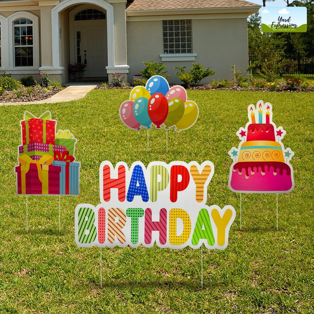 Yard Expressions 4pc Happy Birthday Yard Signs with Stakes - Easy to Install Happy Birthday Yard Sign - Large 16" Waterproof Birthday Sign Yard – Durable, Reusable & Colourful Happy Birthday Lawn Sign