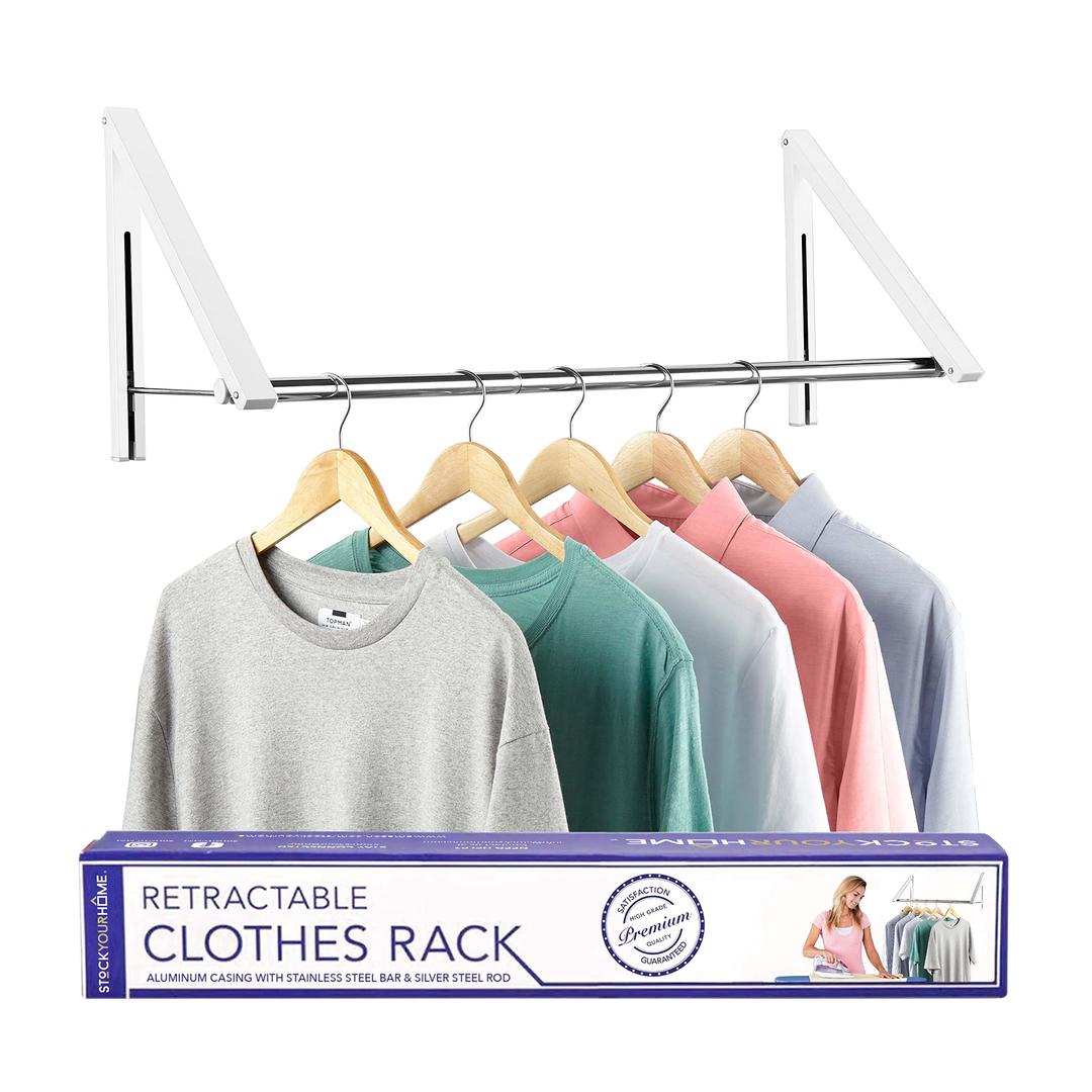 Double Foldable Clothing Rack w/Extension Rod, Wall-Mounted Retractable Clothes Hanger for Laundry Dryer Room, Hanging Drying Rod, Small Collapsible Folding Garment Racks, Dorm Accessories (White)