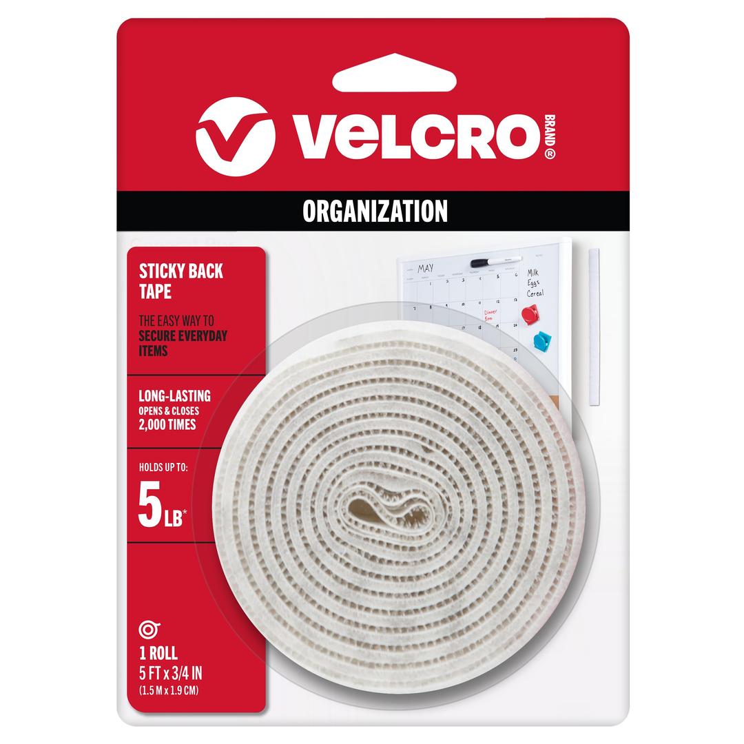 VELCRO Brand 5 Ft x 3/4 In | White Tape Roll with Adhesive | Cut Strips to Length | Sticky Back Hook and Loop Fasteners | Perfect for Home, Office or Classroom