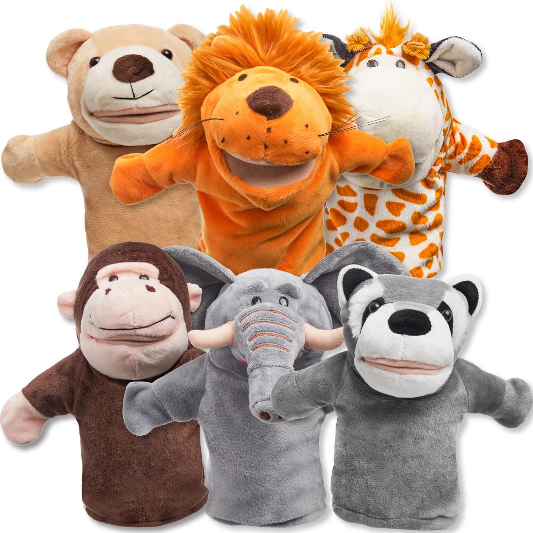 JOYIN6Pcs Kids Hand Puppet Set with Working Mouth, Toddler Animal Plush Toy Includes Elephant, Giraffe, Lion, Bear, Raccoon and Monkey for Show Theater, Birthday Gifts