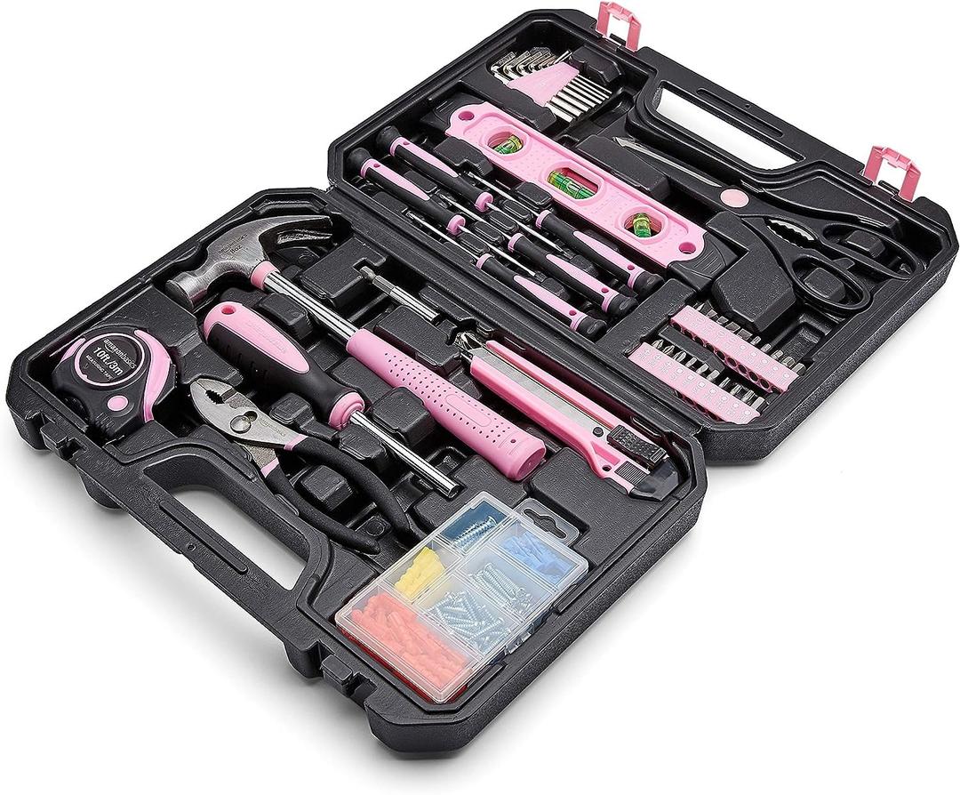 Amazon Basics Household Tool Kit With Storage Case, 142 Piece, Pink, 13.39 x 9.25 x 2.95 inch