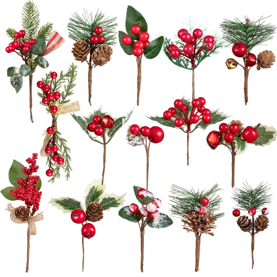 Crafare 15 Pack Small Artificial Christmas Picks 5"-10" Assorted Red Berry Picks Stems Faux Pine Picks Spray with Pinecones for Christmas Floral Arrangement Winter Holiday Season Decoration