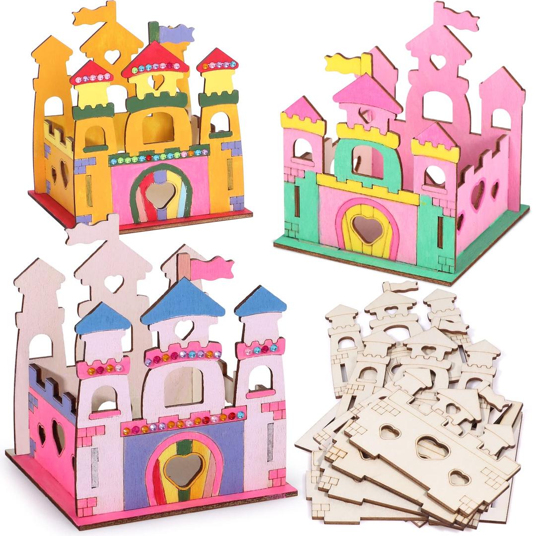 12 Set Build & Paint Wooden Castle Crafts Kit for Kids - Girls Princess Birthday Party Game Activity Art and Crafts for Kids Ages 4 5 6 7 8 - DIY Make Your Own Wood Princess Castle Unfinished Toys