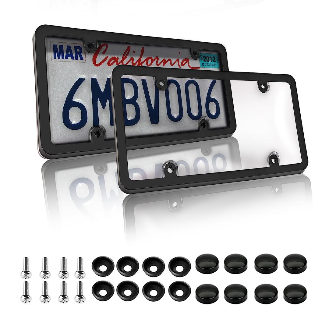 OKLPF Tinted License Plate Protector Cover with Black License Plate Frames Holder Combo Set,Smoked Bubble Design Covers License Plate Hider Shield Screws Included, 2 Pack, Clear