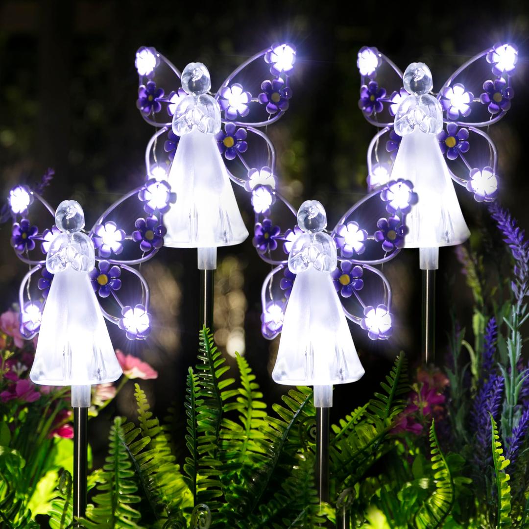 GIGALUMI Solar Angel Garden Stake Lights - 4 Pack Angel Solar Lights Outdoor Garden, Eternal Light Angel with 7 LEDs for Cemetery Grave Decorations, Memorial Gift, Christmas Yard Art, Sympathy Gift