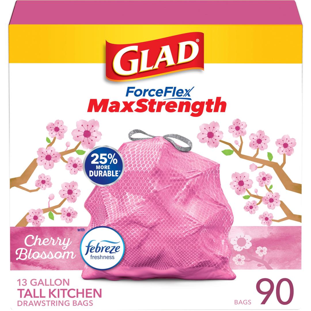 Glad ForceFlex MaxStrength Tall Kitchen Trash Bags, 13 Gal, Cherry Blossom, 90 Ct, Pack May Vary