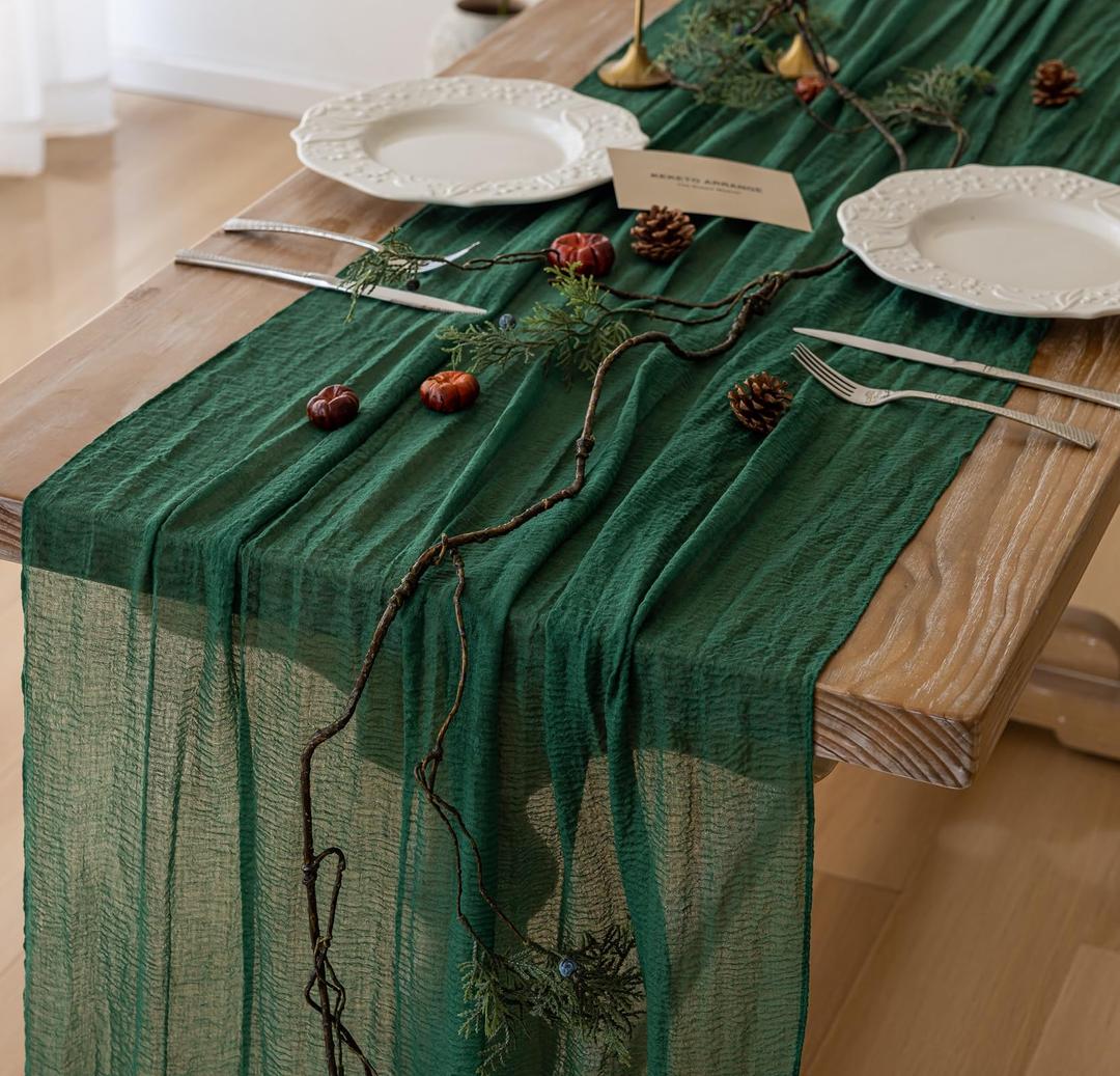 Keketo Emerald Green Table Runner Rustic Gauze Cheesecloth Table Runner 120 Inch 10 FT for Wedding Baby Shower Bridal Shower Birthday Engagement Garden Party Long Sheer Boho Fall Home Decorations