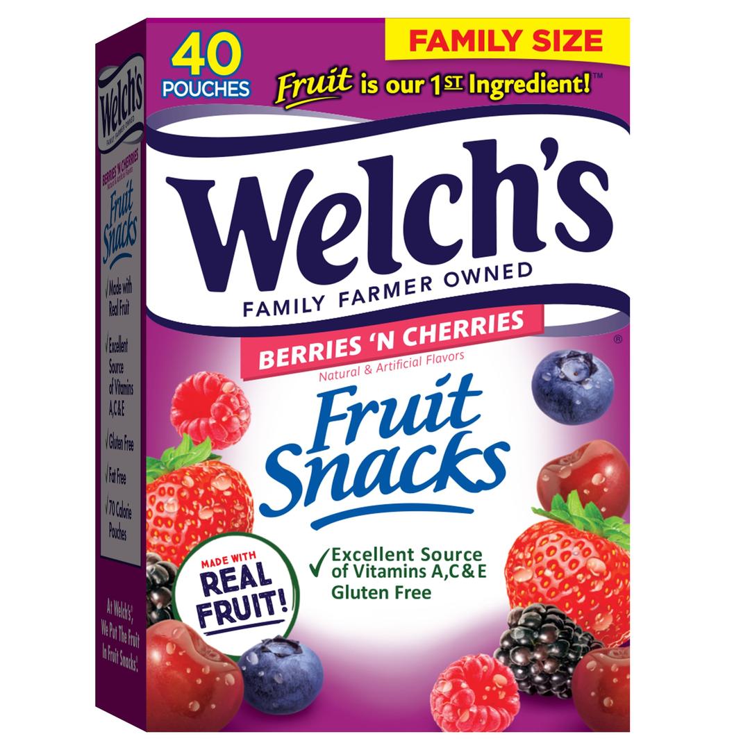 Welch'sFruit Snacks, Berries 'n Cherries, Perfect Stocking Stuffer, Bulk Pack, Gluten Free, Individual Single Serve Bags, 0.8 oz (Pack of 40)