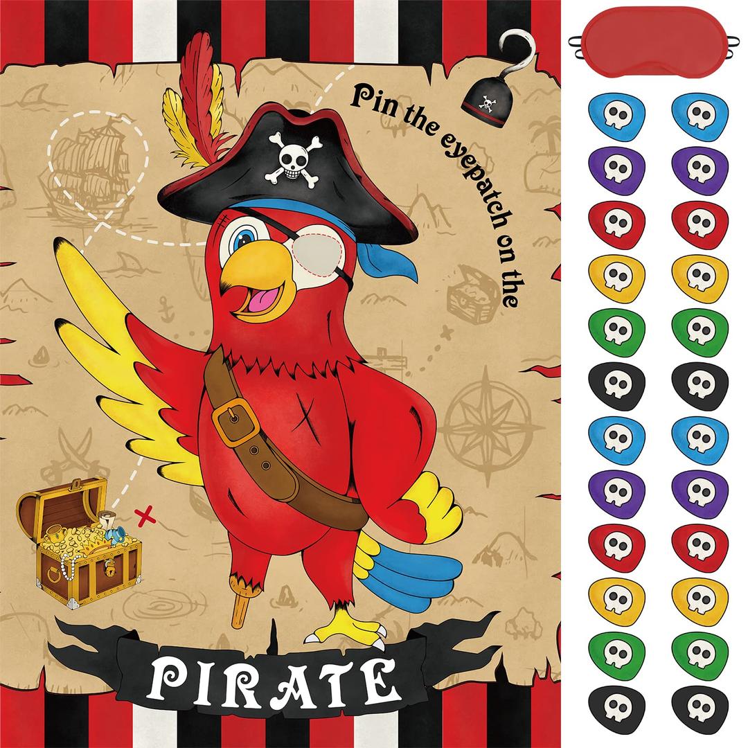 WERNNSAI Pin The Eye Patch on The Pirate - Pirate Party Games for Kids Boys 28'' x 21'' Parrot Game Poster with 24 PCS Reusable Stickers Blindfold Halloween Birthday Party Favor Sets