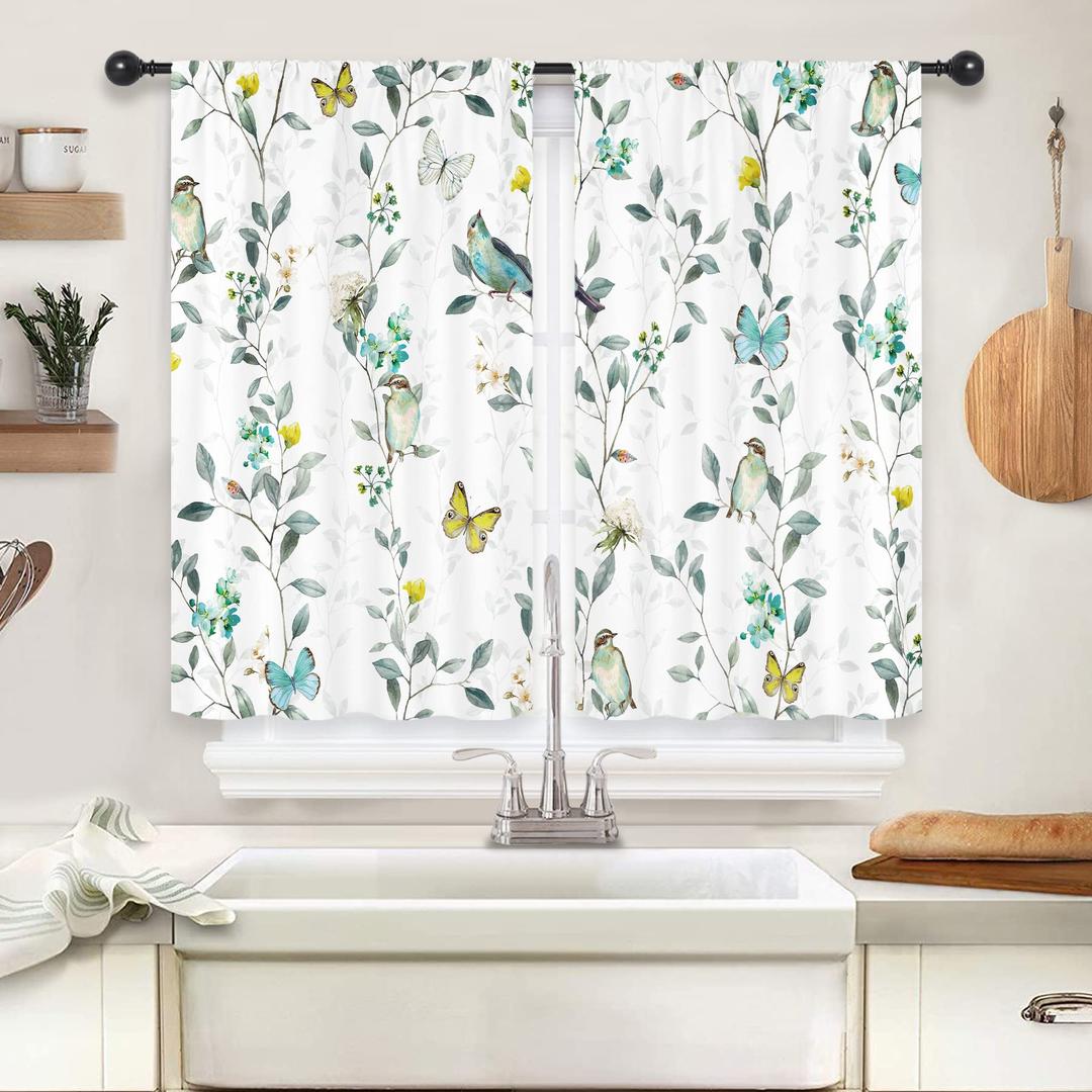 RiyidecorBirds and Leaves Kitchen Curtains 55x39 Inch Floral Butterfly Rod Pocket Branch Green Plants Flower Botanical Woman Girls Printed Living Room Bedroom Window Drapes Treatment Fabric 2 Panels