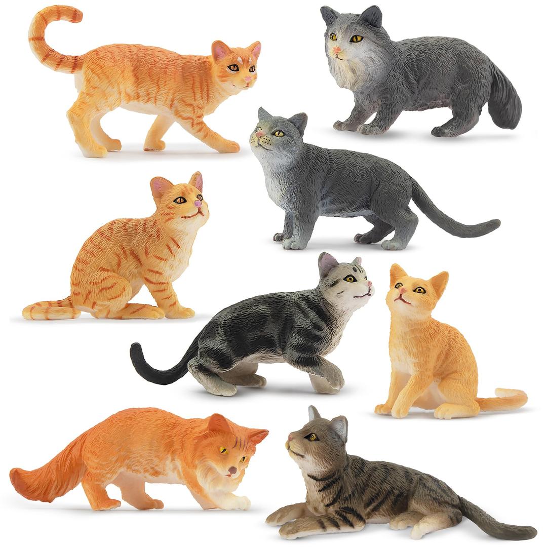 Toymany8PCS Grey & Orange Cat Figurines Set, Realistic Cat Figures Kitten Toys, Cat Cake Toppers Christmas Birthday Gift for Kids Children