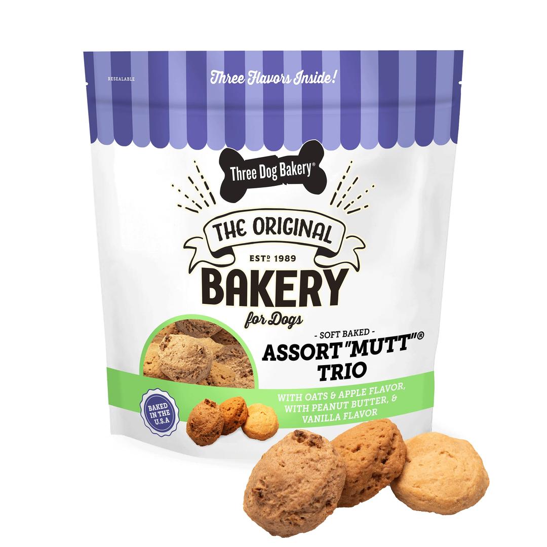 Three Dog BakeryAssort Mutt Cookie Trio, Soft Baked Treats for Dogs, Three Flavor; Oatmeal and Apple, Peanut Butter, and Vanilla, 3 Pound Bulk Resealable Pack