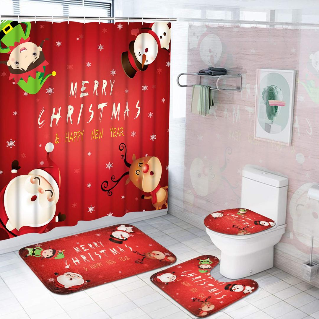 BLEUM CADE 4Pcs Merry Christmas Shower Curtain Set with Non-Slip Rug, Toilet Lid Cover and Bath Mat, Xmas Snowman Red Shower Curtains with 12 Hooks, Christmas Santa Shower Curtain Sets for Bathroom