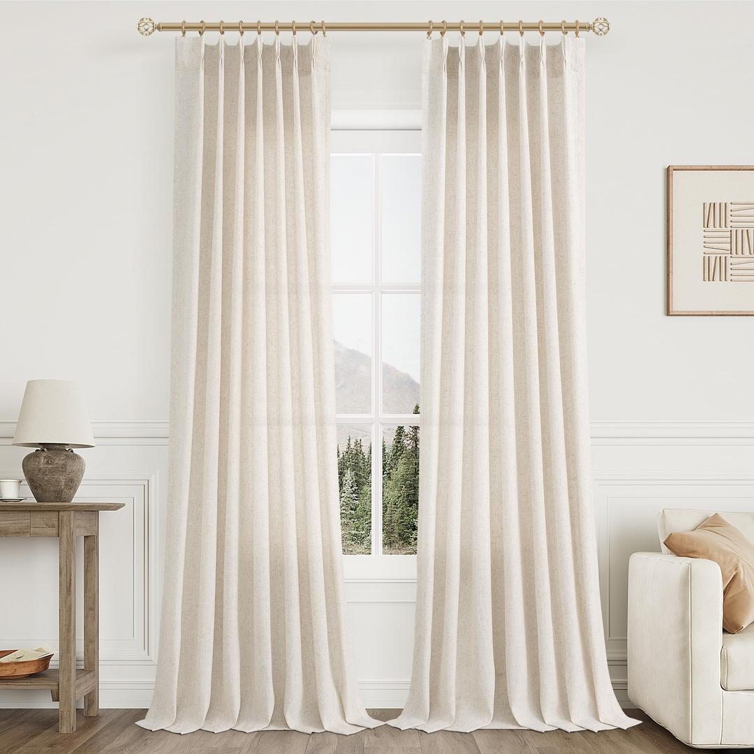 Pinch Pleated Linen Curtains 108 Inches long for Living Room 2 Panels Set Cream Beige Flax Pleat Drapes Back Tab Semi Sheer Neutral Boho Ceiling to Floor 108 Inch Curtains for Bedroom Window 9 FT