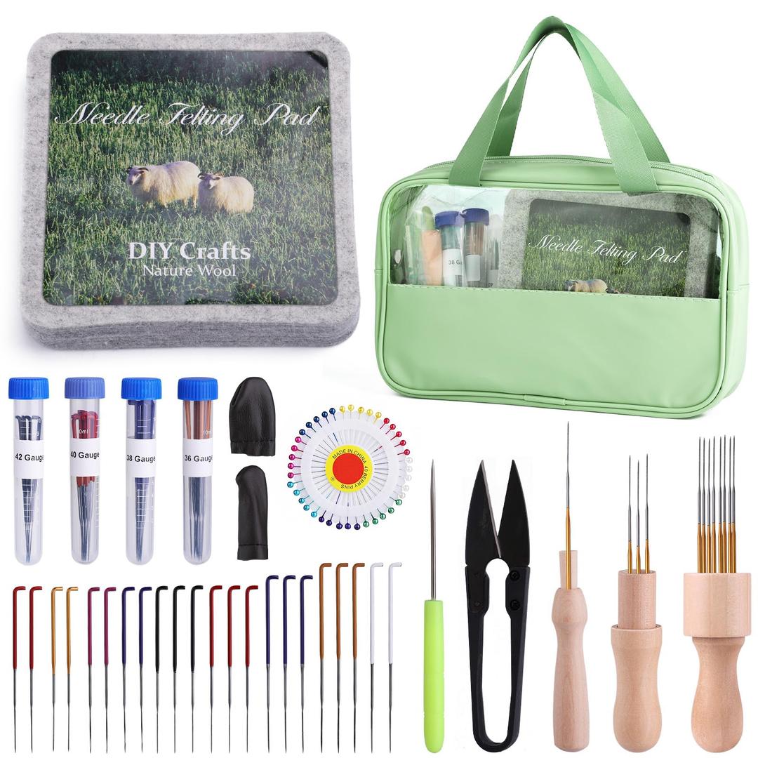 Mayboos Needle Felting Kit, 6"x6" Felting Pad Needle Felting Tools Felting Mat Needle Felting Supplies with Felting Needles Finger Guards Wooden Handle Scissor Bag for Beginner Professional DIY