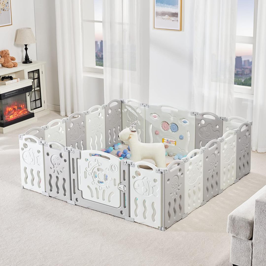 Albott Baby Playpen, Upgraded 18 Panels Foldable Baby Fence with Game Panel and Safety Gate, Adjustable Shape, Portable Baby Play Yards for Children Toddlers Indoors (18 Panel, White+Grey)